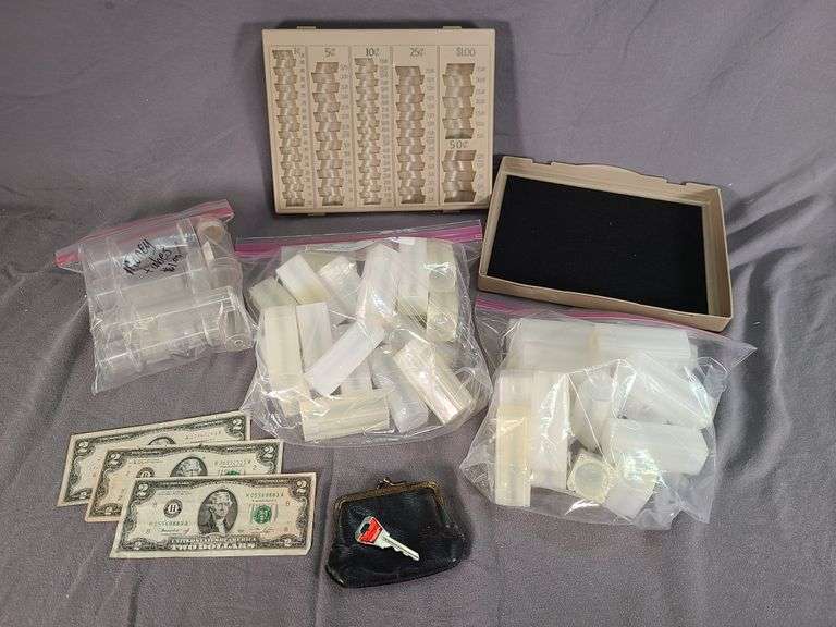 Sacagawea coin folder (2 coins), 3 $2 bills, & coin tubes