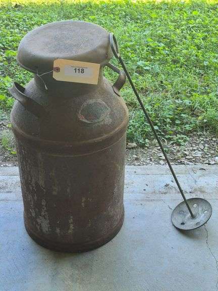 10-gallon milk can w/ lid, and milk/cream can dasher/agitator