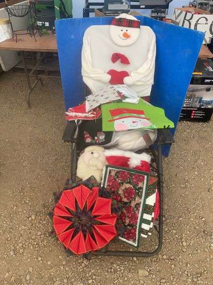 Six chair cover snowman, quantity of Christmas doilies etc.