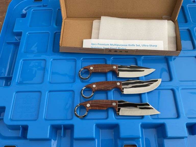 Three piece multipurpose knife set fixed blades, blades approximately 3 1/2"