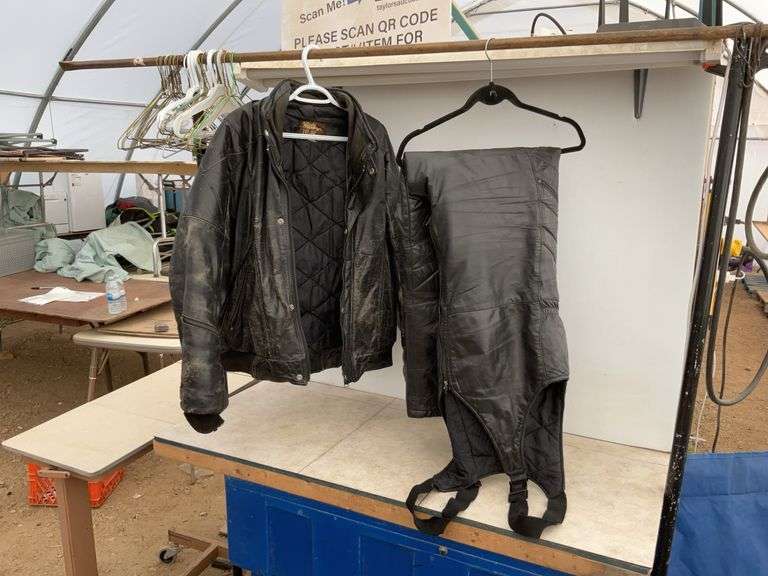 Large lined leather jacket and leather bib overalls, jacket shows some signs of wear