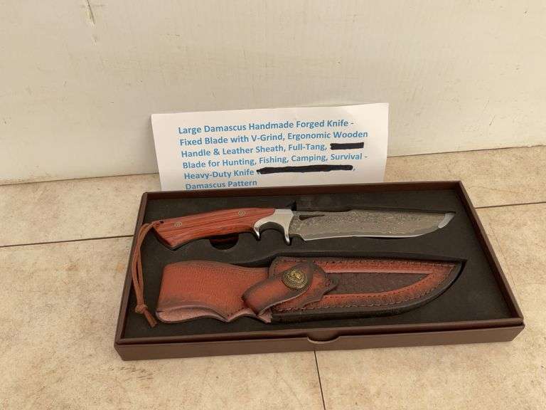 Large Damascus handmade forged knife, fixed blade with V grinding