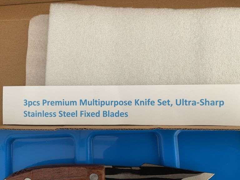 Three piece multipurpose knife set fixed blades, blades approximately 3 1/2"