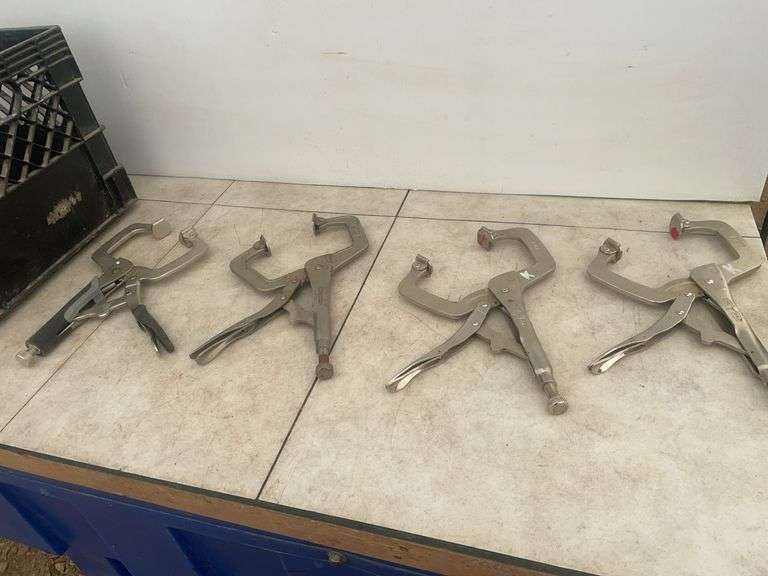 4 pair of welding clamps, 2 pair of vice grip, 1 pair of Westward, one is no name, comes in milk cra