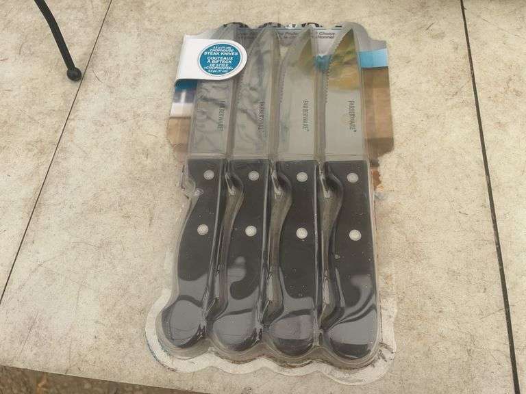 Unused 50' garden hose, ornamental iron plant stand, unused steak knives