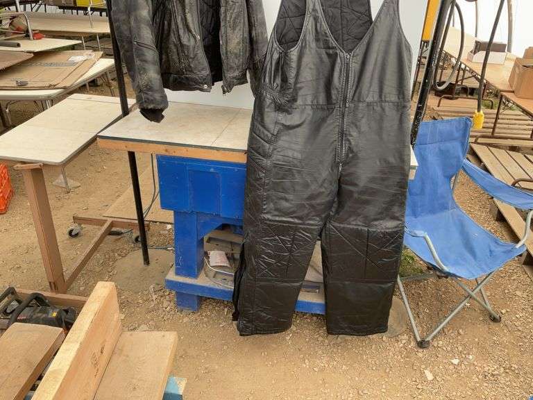 Large lined leather jacket and leather bib overalls, jacket shows some signs of wear