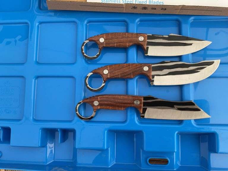 Three piece multipurpose knife set fixed blades, blades approximately 3 1/2"