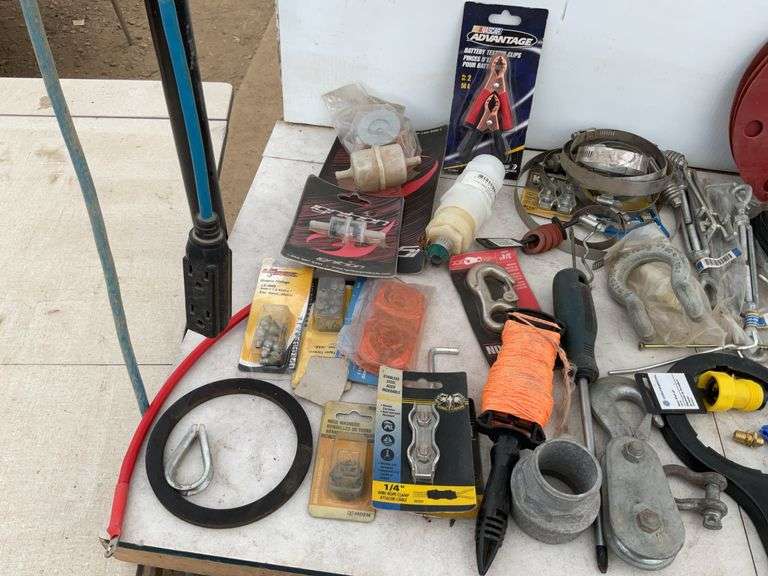 Quantity of miscellaneous hardware including mechanics wire, cable crimpers, etc.