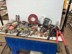 Quantity of miscellaneous hardware including mechanics wire, cable crimpers, etc.