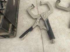 4 pair of welding clamps, 2 pair of vice grip, 1 pair of Westward, one is no name, comes in milk cra