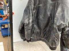 Large lined leather jacket and leather bib overalls, jacket shows some signs of wear