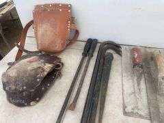 2 pair of Kunys kneeling pads, pair of goose necks, trowels, Stanley plane, shoulder strap
