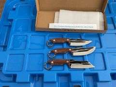 Three piece multipurpose knife set fixed blades, blades approximately 3 1/2"