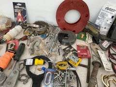 Quantity of miscellaneous hardware including mechanics wire, cable crimpers, etc.