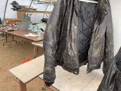 Large lined leather jacket and leather bib overalls, jacket shows some signs of wear