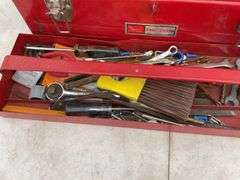 Craftsman 19" metal toolbox, comes with miscellaneous tools and 2 5/16" trailer ball