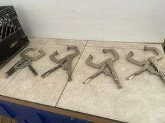 4 pair of welding clamps, 2 pair of vice grip, 1 pair of Westward, one is no name, comes in milk cra