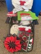 Six chair cover snowman, quantity of Christmas doilies etc.