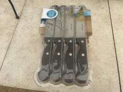 Unused 50' garden hose, ornamental iron plant stand, unused steak knives