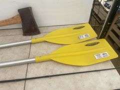 Pair of aluminum shoreline paddles, ax, fishing rod and reel