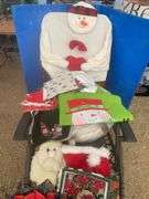 Six chair cover snowman, quantity of Christmas doilies etc.