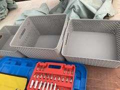 1/4” drive socket set, set of metric combination wrenches, 3 small baskets