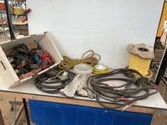 Pair of 14 foot heavy duty booster cables, quantity of new rope, miscellaneous ratchet straps, elect
