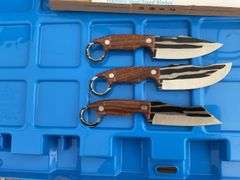 Three piece multipurpose knife set fixed blades, blades approximately 3 1/2"