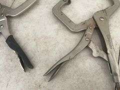 4 pair of welding clamps, 2 pair of vice grip, 1 pair of Westward, one is no name, comes in milk cra