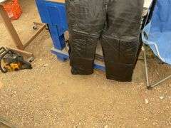 Large lined leather jacket and leather bib overalls, jacket shows some signs of wear