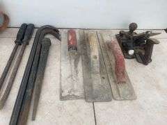 2 pair of Kunys kneeling pads, pair of goose necks, trowels, Stanley plane, shoulder strap