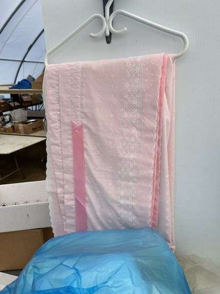 Curtains, quilt batt, folding laundry hamper, sewing basket (handle damaged) etc