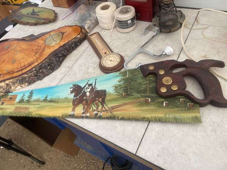 Clock, painted handsaw, miscellaneous
