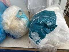 Curtains, quilt batt, folding laundry hamper, sewing basket (handle damaged) etc