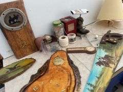 Clock, painted handsaw, miscellaneous