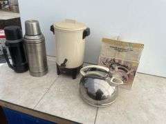 Electric kettle, 30 cup coffee maker - works, couple of thermoses