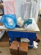 Curtains, quilt batt, folding laundry hamper, sewing basket (handle damaged) etc