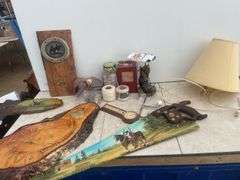Clock, painted handsaw, miscellaneous
