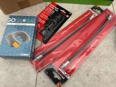 Unused wire terminal assortment, paint scraper, grease hoses, quantity of 2 1/2" rope pulleys etc