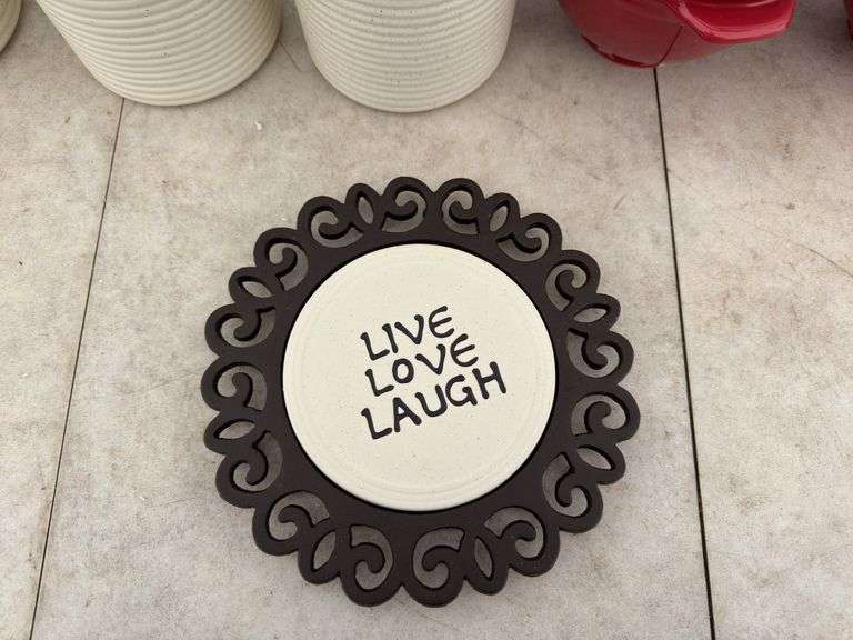 2 soup bowls, 3 canisters, live love laugh sign