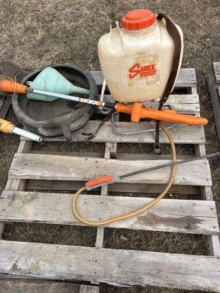 Backpack sprayer, cordless weedeater - condition unknown , oil pan, funnel