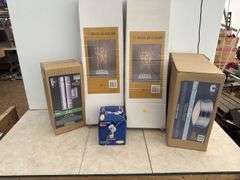 2 - 2’ 3” Birch tree lights, Tay outdoor light, Boku flush mount light, Heath Zenith motion sensor l
