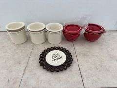 2 soup bowls, 3 canisters, live love laugh sign