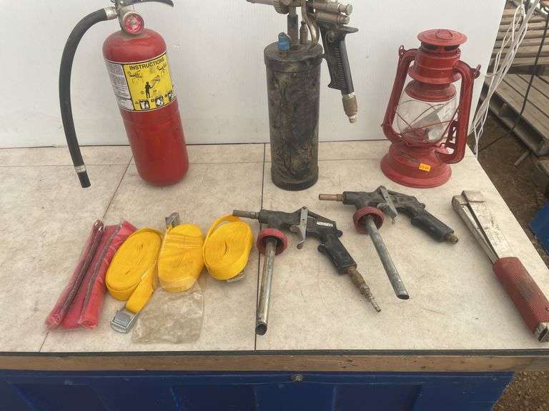 Fire extinguisher - needs charging, spot blaster, barn lantern, hammer stapler etc.