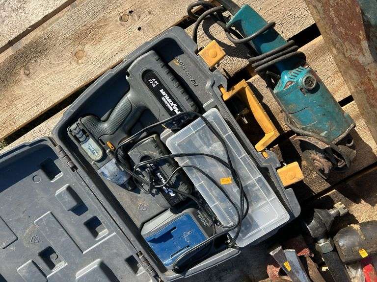 Pallet with misc hand tools and untested power tools