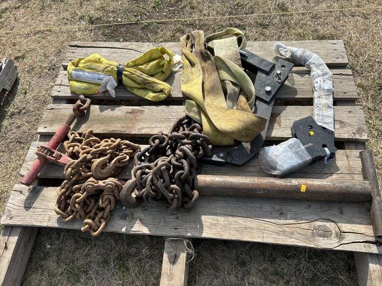 Pallet with sling, tow strap, heavy chain, large heavy pin etc