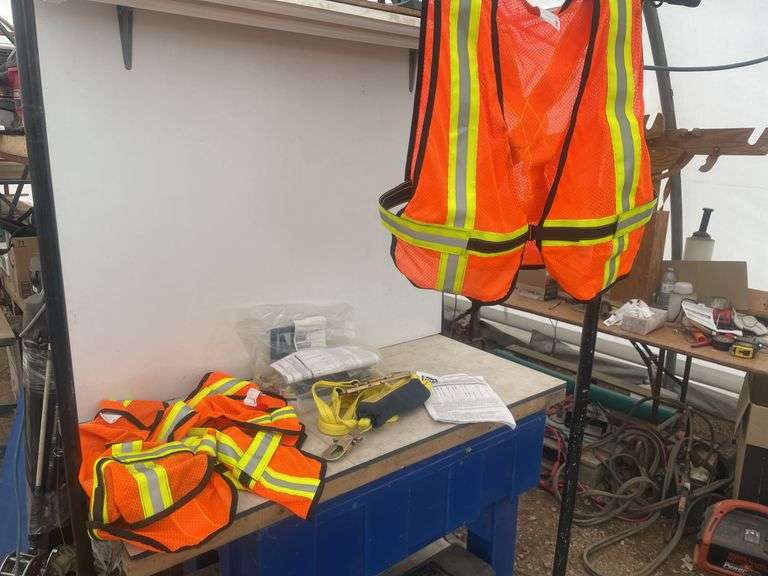 Three safety vests, flame retardant, pair of safety straps