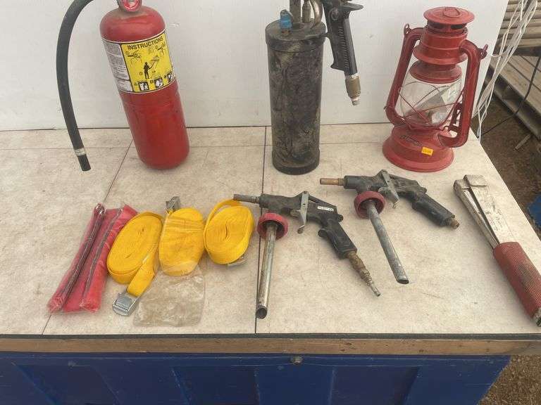 Fire extinguisher - needs charging, spot blaster, barn lantern, hammer stapler etc.