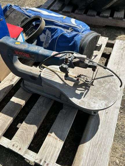 Scroll saw- condition unknown, golf bag, hose reel etc.