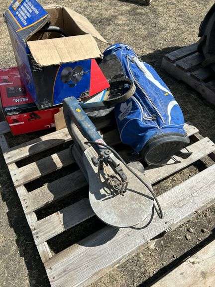 Scroll saw- condition unknown, golf bag, hose reel etc.